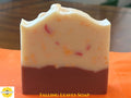 A rectangular bar of handmade soap with a two-tone design: a creamy off-white top layer containing small orange and red botanical inclusions, and a dark reddish-brown bottom layer. The soap is displayed on an orange textured surface with a wooden background. The words 'Falling Leaves Soap' and the Sunlit Soaps logo are on the bottom edge.