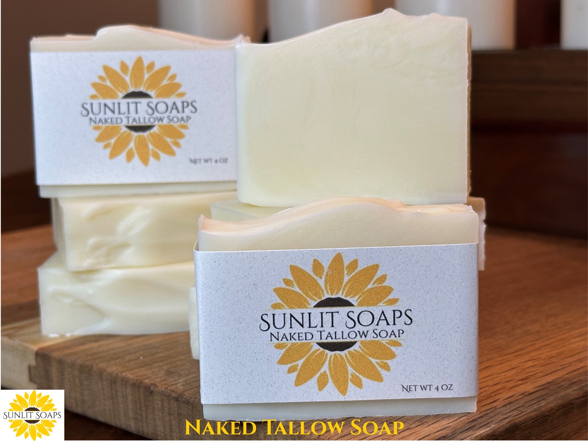 Sunlit Soaps Naked Tallow Soap on a wooden surface with packaging.