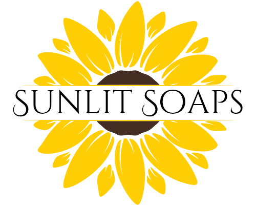 Sunlit Soaps logo with yellow sunflower design on a white background