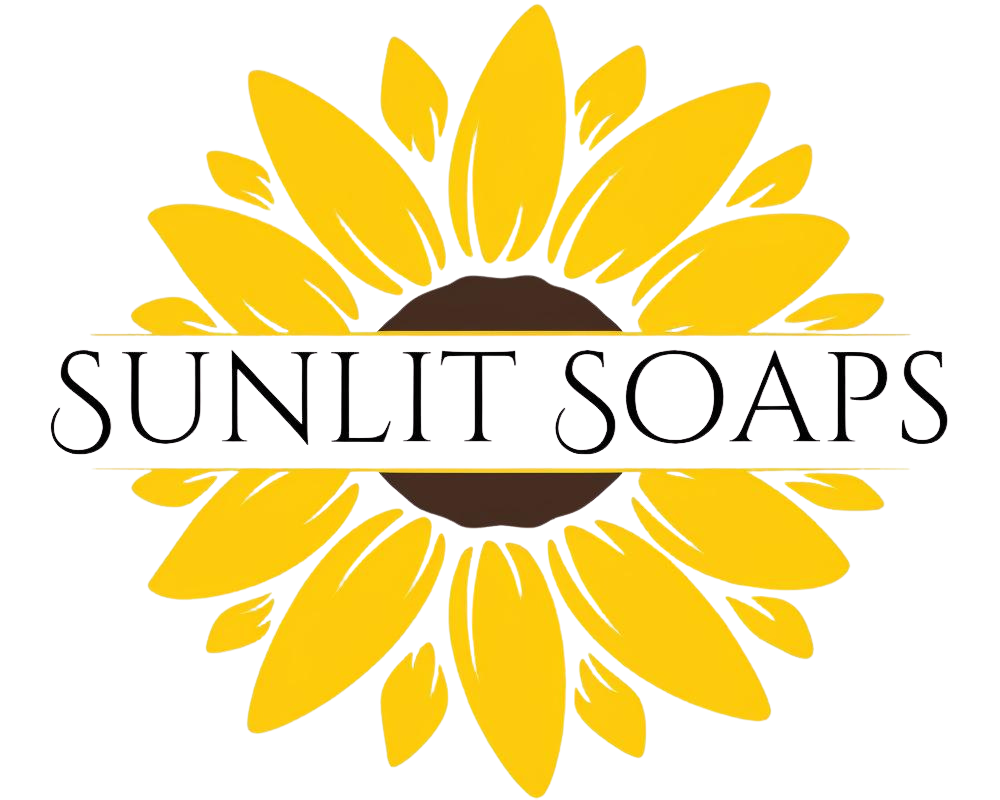 Sunlit Soaps logo featuring a stylized yellow sunflower with a dark brown center and the brand name 'SUNLIT SOAPS' in black serif text across the middle, on a transparent background.